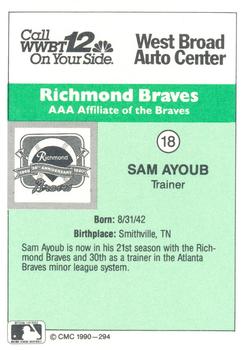 1990 CMC Richmond Braves #18 Sam Ayoub Back