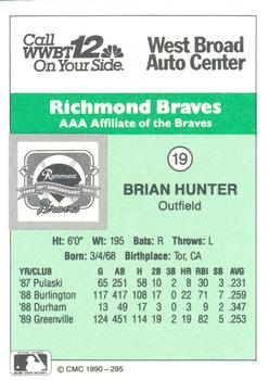 1990 CMC Richmond Braves #19 Brian Hunter Back