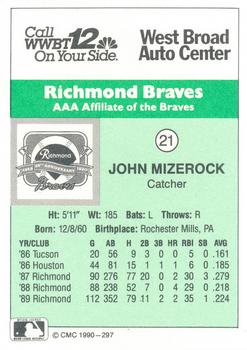 1990 CMC Richmond Braves #21 John Mizerock Back