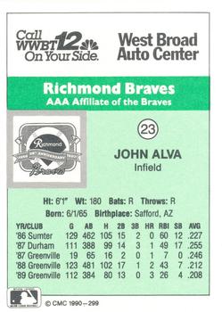 1990 CMC Richmond Braves #23 John Alva Back