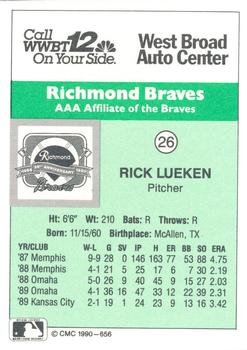 1990 CMC Richmond Braves #26 Rick Luecken Back
