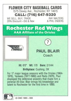 1990 CMC Rochester Red Wings #7 Paul Blair Back