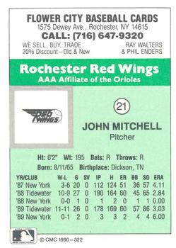 1990 CMC Rochester Red Wings #21 John Mitchell Back