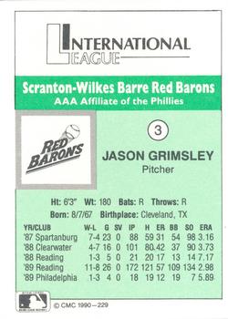 1990 CMC Scranton Red Barons #3 Jason Grimsley Back