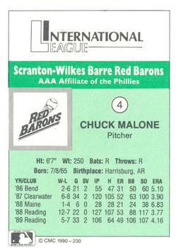 1990 CMC Scranton Red Barons #4 Chuck Malone Back