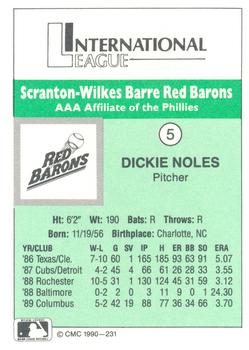 1990 CMC Scranton Red Barons #5 Dickie Noles Back