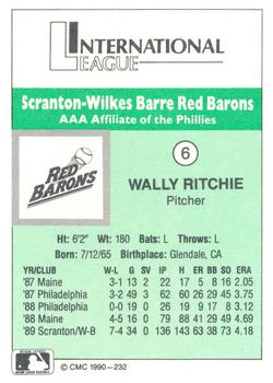 1990 CMC Scranton Red Barons #6 Wally Ritchie Back