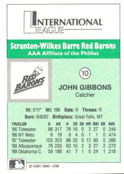 1990 CMC Scranton Red Barons #10 John Gibbons Back