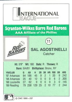 1990 CMC Scranton Red Barons #11 Sal Agostinelli Back