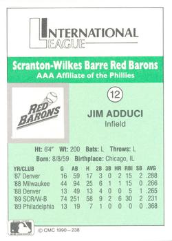 1990 CMC Scranton Red Barons #12 Jim Adduci Back