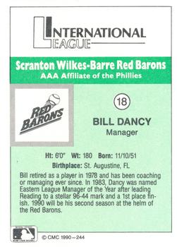1990 CMC Scranton Red Barons #18 Bill Dancy Back