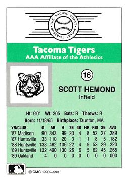 1990 CMC Tacoma Tigers #16 Scott Hemond Back