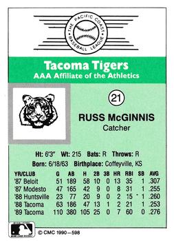 1990 CMC Tacoma Tigers #21 Russ McGinnis Back