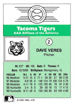 1990 CMC Tacoma Tigers #2 Dave Veres Back