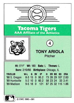 1990 CMC Tacoma Tigers #4 Tony Ariola Back