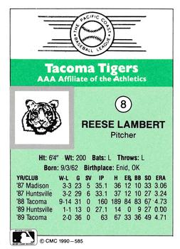 1990 CMC Tacoma Tigers #8 Reese Lambert Back