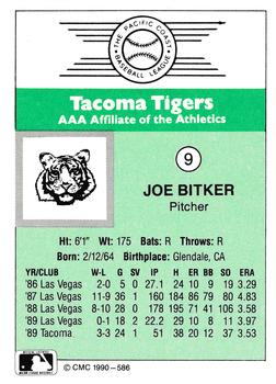 1990 CMC Tacoma Tigers #9 Joe Bitker Back