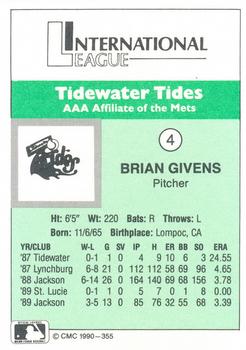1990 CMC Tidewater Tides #4 Brian Givens Back