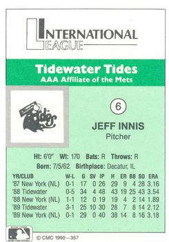 1990 CMC Tidewater Tides #6 Jeff Innis Back