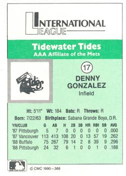 1990 CMC Tidewater Tides #17 Denny Gonzalez Back