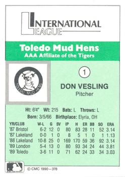 1990 CMC Toledo Mud Hens #1 Don Vesling Back