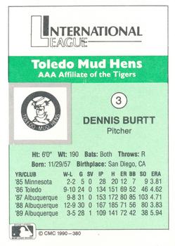 1990 CMC Toledo Mud Hens #3 Dennis Burtt Back