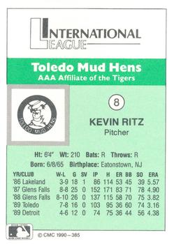 1990 CMC Toledo Mud Hens #8 Kevin Ritz Back