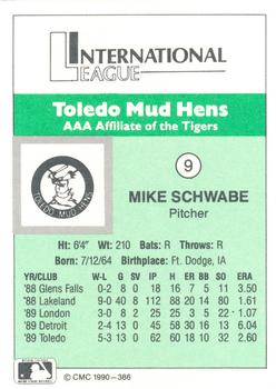 1990 CMC Toledo Mud Hens #9 Mike Schwabe Back
