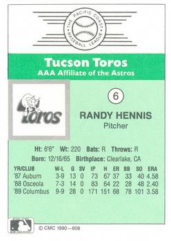 1990 CMC Tucson Toros #6 Randy Hennis Back