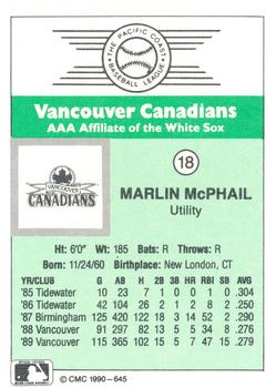 1990 CMC Vancouver Canadians #18 Marlin McPhail Back