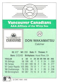 1990 CMC Vancouver Canadians #22 Don Wakamatsu Back