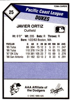 1989 CMC Albuquerque Dukes #25 Javier Ortiz  Back