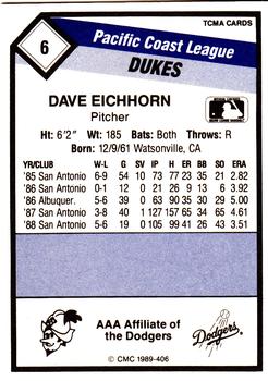 1989 CMC Albuquerque Dukes #6 Dave Eichhorn  Back