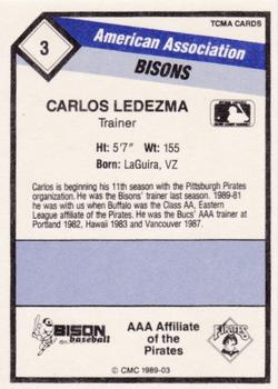 1989 CMC Buffalo Bisons #3 Carlos Ledezma  Back