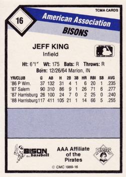1989 CMC Buffalo Bisons #16 Jeff King  Back