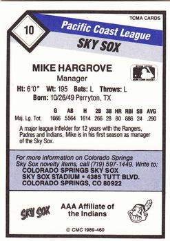 1989 CMC Colorado Springs Sky Sox #10 Mike Hargrove  Back