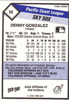 1989 CMC Colorado Springs Sky Sox #14 Denny Gonzalez  Back