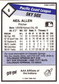1989 CMC Colorado Springs Sky Sox #6 Neil Allen  Back