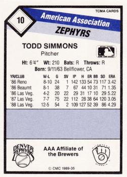 1989 CMC Denver Zephyrs #10 Todd Simmons  Back
