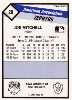 1989 CMC Denver Zephyrs #20 Joe Mitchell  Back