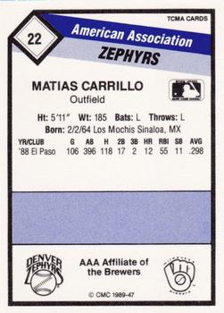 1989 CMC Denver Zephyrs #22 Matias Carrillo  Back