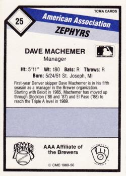 1989 CMC Denver Zephyrs #25 Dave Machemer Back