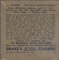 1950 Drake's TV Baseball Series (D358) #11 Gil Hodges Back