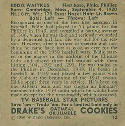 1950 Drake's TV Baseball Series (D358) #12 Eddie Waitkus Back