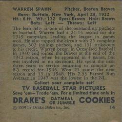 1950 Drake's TV Baseball Series (D358) #14 Warren Spahn Back