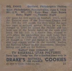 1950 Drake's TV Baseball Series (D358) #21 Del Ennis Back