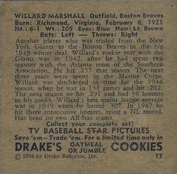 1950 Drake's TV Baseball Series (D358) #17 Willard Marshall Back