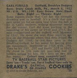 1950 Drake's TV Baseball Series (D358) #18 Carl Furillo Back