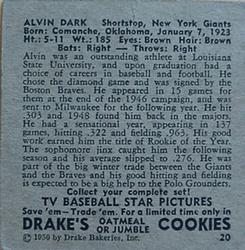 1950 Drake's TV Baseball Series (D358) #20 Alvin Dark Back