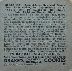 1950 Drake's TV Baseball Series (D358) #22 Ed Stanky Back